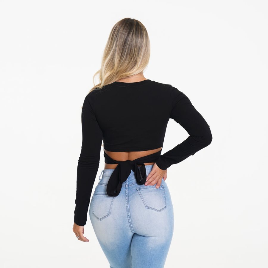 NVGTN Wrap Around Long Sleeve Crop Oberteile Damen Schwarz Österreich | QsusRQqb