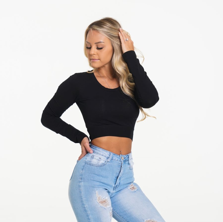 NVGTN Wrap Around Long Sleeve Crop Oberteile Damen Schwarz Österreich | QsusRQqb